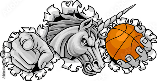 Unicorn horse stallion basketball angry sports team mascot holding a ball.
