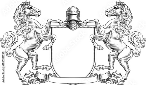A heraldry crest horse family coat of arms heraldic shield emblem design in an old medieval vintage style