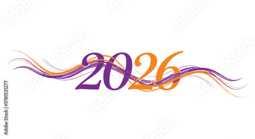 Vibrant abstract design announces the exciting arrival of the year 2026 with dynamic purple and orange flowing lines