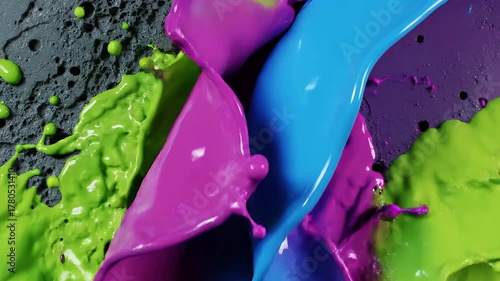 Vibrant Green, Magenta, and Blue Paint Splashing and Mixing on a Textured Dark Gray Surface
