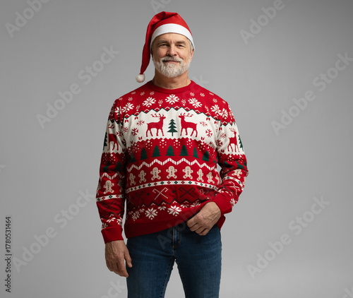 Merry satisfied smiling mature man wear knitted christmas sweater Santa hat posing on isolated grey background