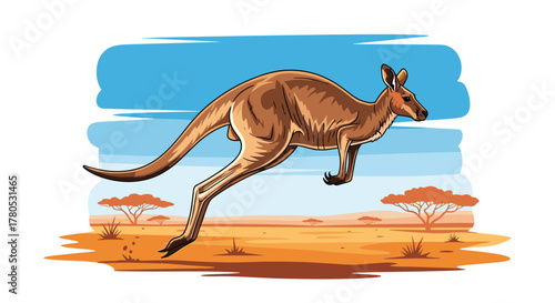 Dynamic kangaroo in mid-leap across a vibrant, sun-drenched Australian outback landscape with acacia trees