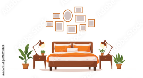 Serene bedroom scene with warm orange accents, inviting bed, and stylish gallery wall, perfect for home decor and lifestyle concepts
