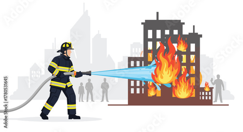Brave firefighter bravely battles raging building inferno spraying water, saving lives amidst urban emergency scene