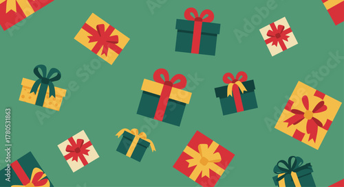 Vibrant holiday gift boxes scattered across a festive green background creating a cheerful and celebratory mood perfect for seasonal promotions