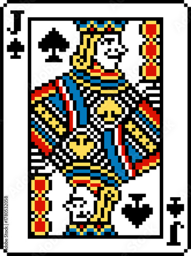 A pixel art playing cards deck design, jack of spades. An original design, each card 55 squares wide by 74 tall.