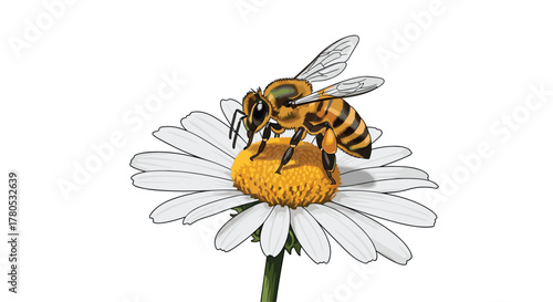 Vibrant bee collecting nectar from a delicate daisy, symbolizing pollination, nature, and the beauty of the natural world