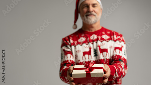 Merry mature man wear red warm knitted sweater Santa hat holding present box isolated on grey background New Year 2026