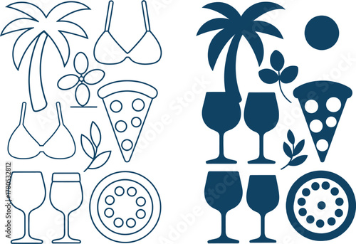 Summer holiday vector icons with palm tree beachwear pizza and refreshing drinks