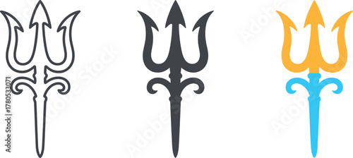 Trident graphic representation in multiple styles outline solid and colored vectors sea symbol