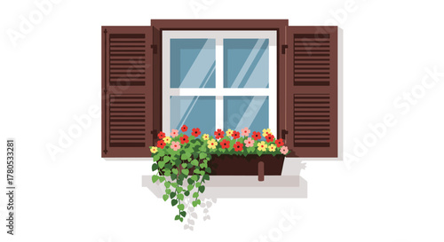 Charming window with open shutters and a vibrant flower box overflowing with colorful blooms, evoking European cottage charm and inviting warmth