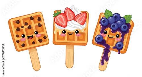 Adorable kawaii waffles on sticks with chocolate chips, strawberries, and blueberries bring sweet joy and delicious fun to any project