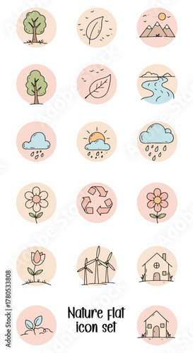 A collection of nature themed icons including trees, leaves, mountains, river, clouds, flowers, recycle symbol, windmills, and houses in a flat design style.