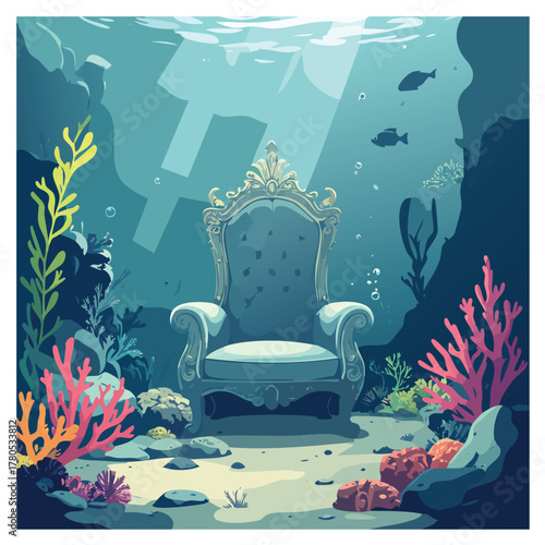 An elegant, empty throne resting on the sandy ocean floor, surrounded by colorful coral reefs and marine life.