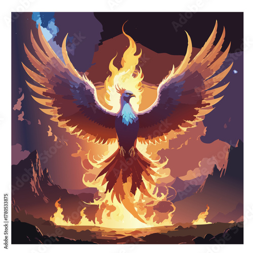 A majestic phoenix with fiery wings spread wide, rising from flames against a dramatic, mountainous twilight sky.