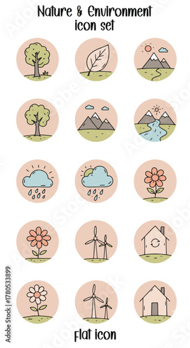 A collection of nature and environment icons featuring trees, mountains, flowers, windmills, rain clouds, and a sustainable home.