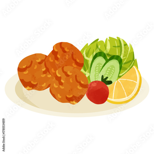 鶏の唐揚げのプレート　水彩風手描きベクターイラスト