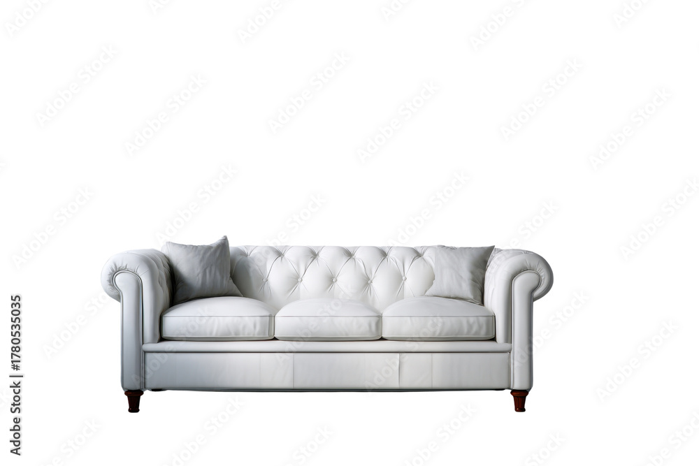 Fototapeta premium White tufted leather chesterfield sofa with grey cushions on black background couch furniture, Png, Isolated on Transparent Background, Cut Out