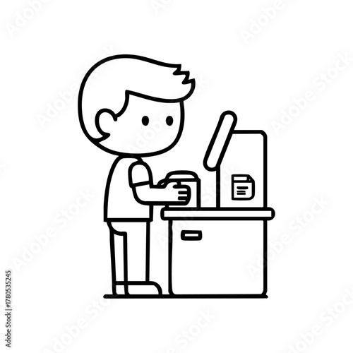 Customer using a self-service station to pick up an online grocery order, symbolizing convenience and modern retail technology.