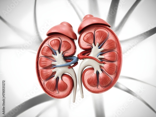 Detailed 3D Illustration of Human Kidney Anatomy with Nephrons and Vascular System