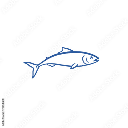 Simple Blue Tuna Sketch. Hand Drawn Fish Outline. Ocean Wildlife Line Art. Seafood Logo Element. Marine Life Vector Icon