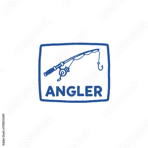 Angler Fishing Rod Badge. Hand Drawn Fishing Emblem. Vintage Line Art Fish Hook Logo. Retro Angling Graphic. Outdoor Hobby Stamp Design