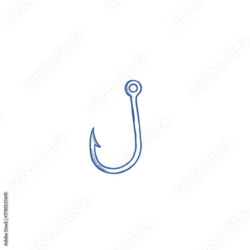 Hand-drawn Fishing Hook Sketch. Simple Angling Tackle Line Art. Marine Sport Equipment Icon. Engraved Fishing Lure Element. Outdoor Adventure Doodle