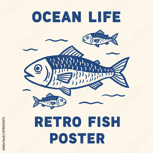 Retro Ocean Fish Graphic. Vintage Seafood Poster. Nautical Marine Life Art. Hand drawn School of Fish. Classic Blue Herring Print