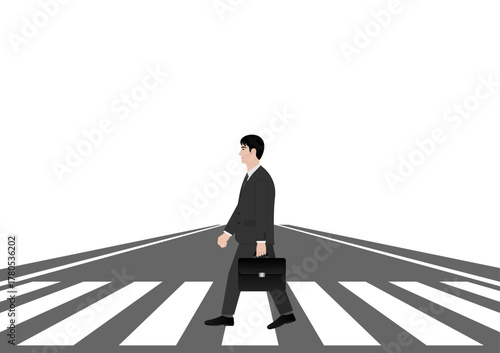 Businessman Walking across Crosswalk in the City. Crosswalk. Pedestrian Crossing Road. Zebra Crossing. Vector Illustration. 