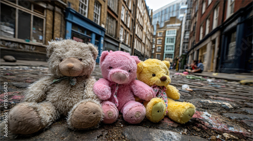 Fototapeta Naklejka Na Ścianę i Meble -  Three colorful teddy bears sitting on cobblestone street in urban city setting with old brick buildings and modern glass structures surrounding them in soft daylight