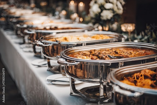 A long buffet table laden with multiple chafing dishes full of various hot foods