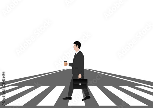 Businessman Walking across Crosswalk in the City. Crosswalk. Pedestrian Crossing Road. Zebra Crossing. Vector Illustration. 