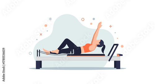 An illustration depicts a woman performing a Pilates exercise on a reformer machine, promoting fitness and healthy living with a clean design.