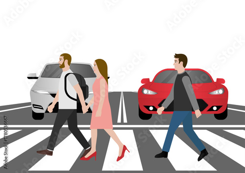 People Walking across Crosswalk in the City. Crosswalk. Pedestrian Crossing Road. Zebra Crossing. Vector Illustration. 