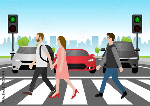 People Walking across Crosswalk in the City. Crosswalk. Pedestrian Crossing Road. Zebra Crossing. Vector Illustration. 