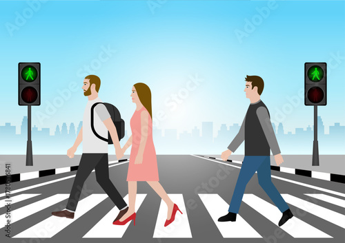 People Walking across Crosswalk in the City. Crosswalk. Pedestrian Crossing Road. Zebra Crossing. Vector Illustration. 
