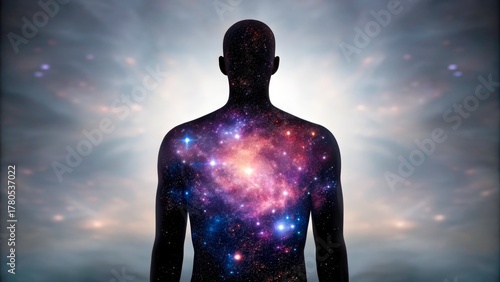 Cosmic silhouette reveals the wonders of the universe within a human figure at dawn