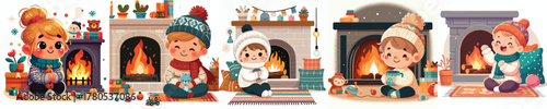children warming himself by the fireplace
