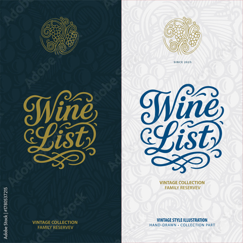 Vintage style wine theme designs set with “Wine List” lettering in two elegant variations — gold on dark blue and blue on light background. Ideal for wine branding and restaurant menus.