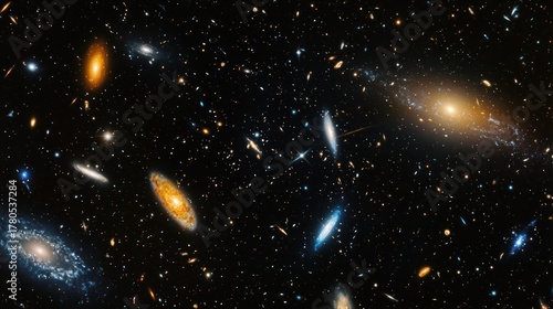 A vast expanse of space filled with galaxies, stars, and nebulae, with a few distant galaxies and stars visible in the foreground. The background is dark, emphasizing the vastness of the universe.