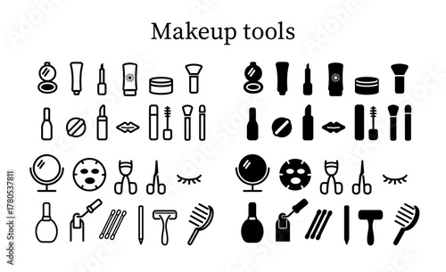 メイク道具のアイコンセット｜化粧品・ビューティーツールのシルエットイラスト