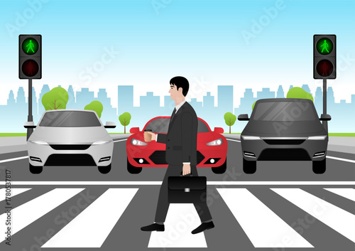Businessman Walking across Crosswalk in the City. Crosswalk. Pedestrian Crossing Road. Zebra Crossing. Vector Illustration. 