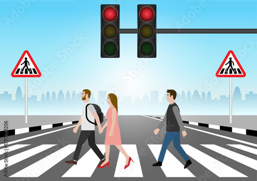 People Walking across Crosswalk in the City. Crosswalk. Pedestrian Crossing Road. Zebra Crossing. Vector Illustration. 