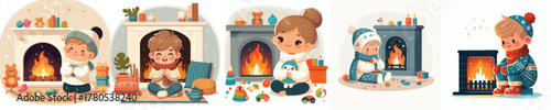 children warming himself by the fireplace