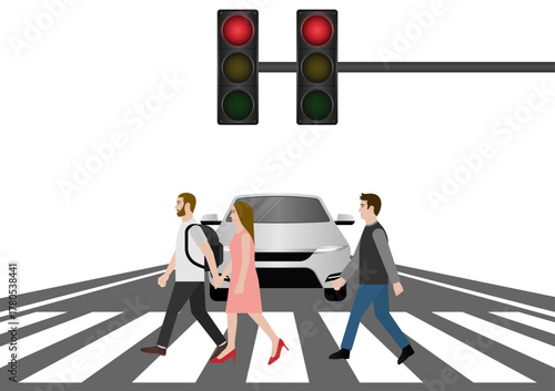 People Walking across Crosswalk in the City. Crosswalk. Pedestrian Crossing Road. Zebra Crossing. Vector Illustration. 