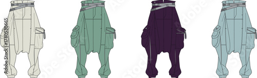 Colorful Row of Minimalist Harem Pants Illustrations for Fashion Design