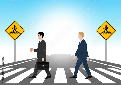 Businessman Walking across Crosswalk in the City. Crosswalk. Pedestrian Crossing Road. Zebra Crossing. Vector Illustration. 
