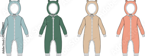 Collection of four children's pajamas with hoods and zippers, in different colors, displayed in a line