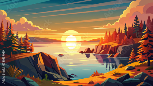 Very beautiful horizontal view of sunrise at Newport Cove, Acadia National Park, Maine, USA, featuring golden hour light illuminating the coastline, forest, and calm waters, creating a serene and real