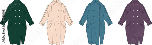 A colorful set of fashion flat technical sketches showing a women's oversized double-breasted trench coat in four different colorways